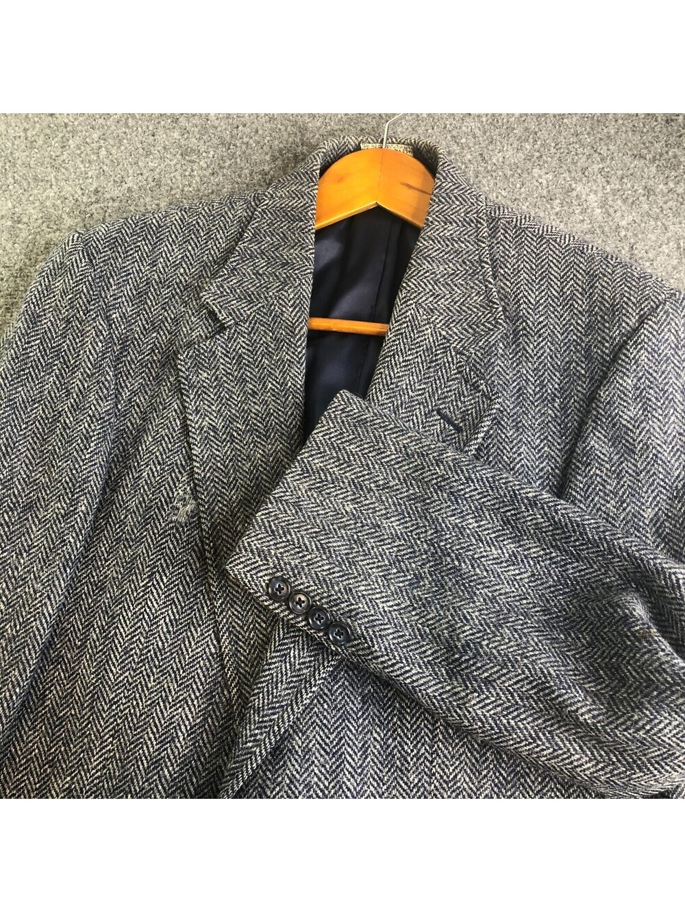 Vintage Lands End Wool Blazer Mens 39R 38R Blue Tweed Herringbone Academia
